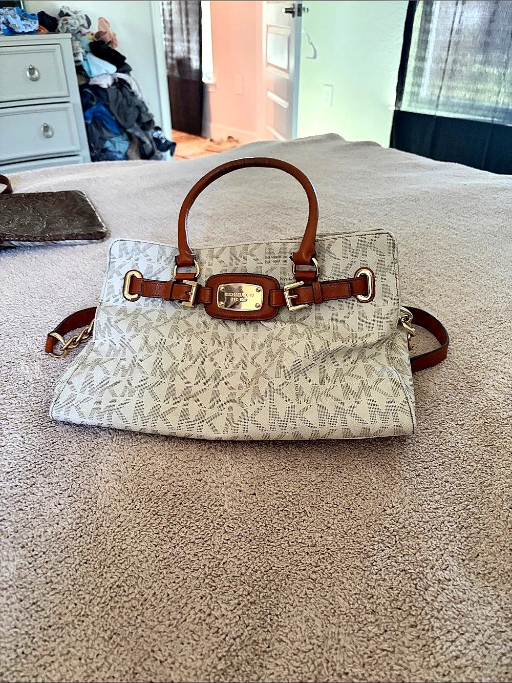 Michael Kors Hamilton Large Logo Tote Satchel White & Brown